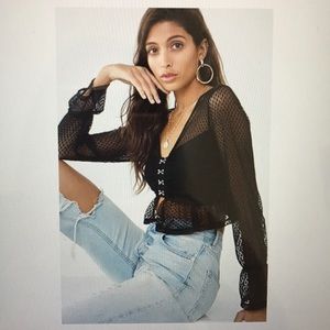 Clip dot mesh hook and eye crop top blouse